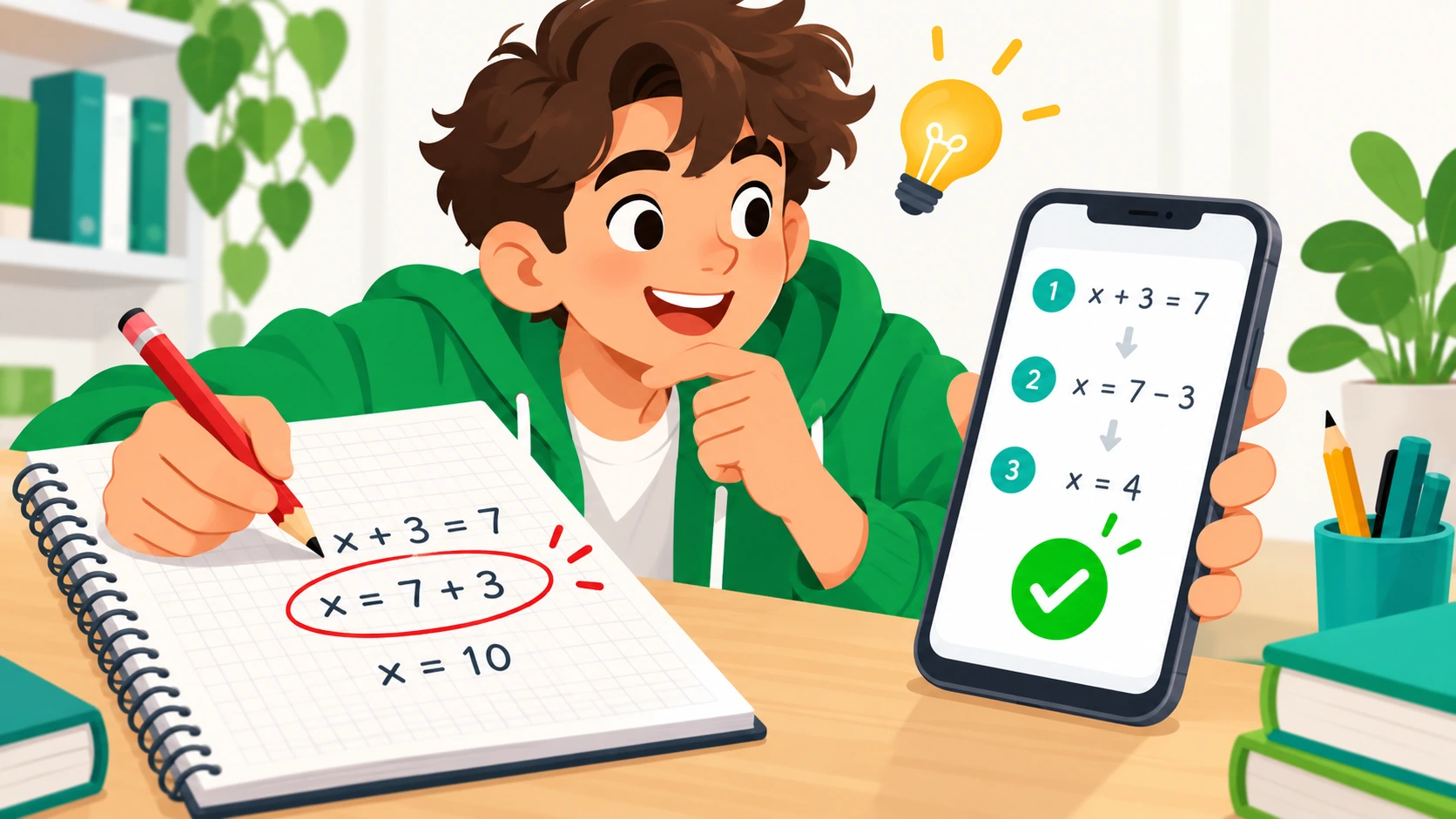 Estudiante comparando su procedimiento en el cuaderno con los pasos de la calculadora de álgebra en el celular para encontrar su error.
