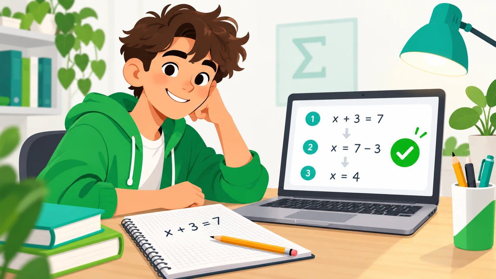 Estudiante sonriente resolviendo una ecuación en su cuaderno mientras revisa los pasos en una calculadora de álgebra en la laptop.