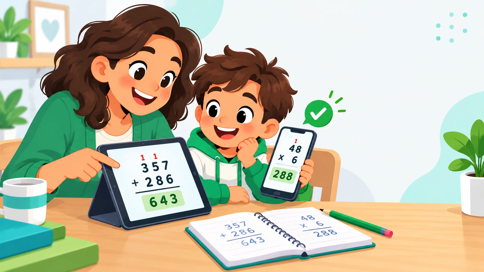 Parent and Child Checking Math Homework Parent and child sitting together at a table, checking arithmetic homework on a tablet and smartphone, with a notebook, pencil, and green checkmark nearby.