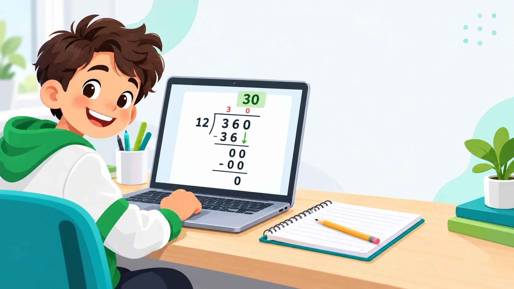 Student Solving Long Division on Laptop Smiling school student sitting at a desk and solving a long division math problem on a laptop, with a notebook and pencil beside the computer.