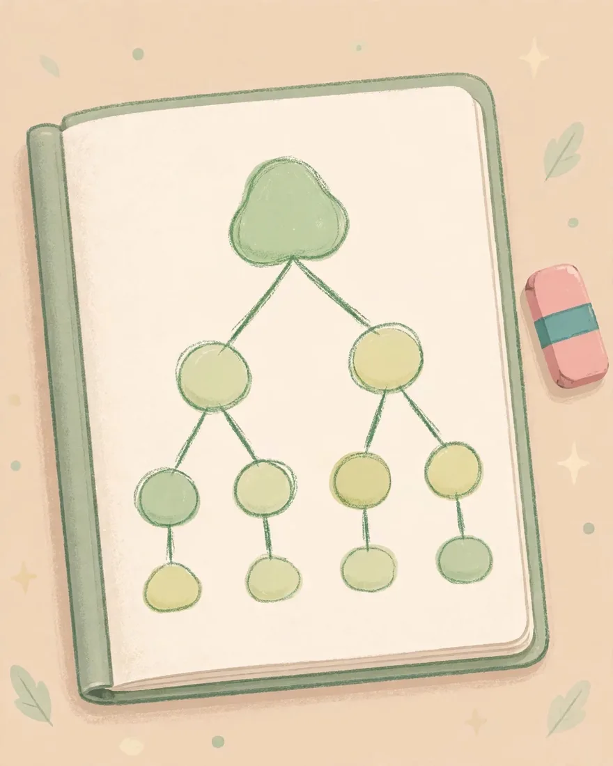Primer plano de un cuaderno con un diagrama de árbol de factores dibujado con lápiz verde y una goma de borrar al lado.