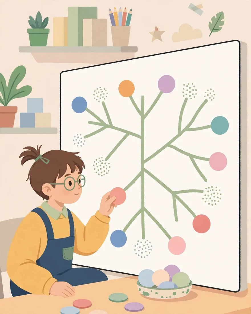 Ilustración de un alumno colocando fichas circulares de colores en los extremos de las ramas dibujadas en una pizarra blanca.