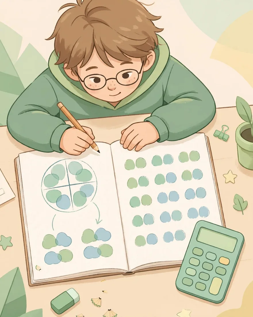 Ilustración de un alumno comprobando una división multiplicando en la misma página del cuaderno, con una calculadora al lado para verificar el resultado.