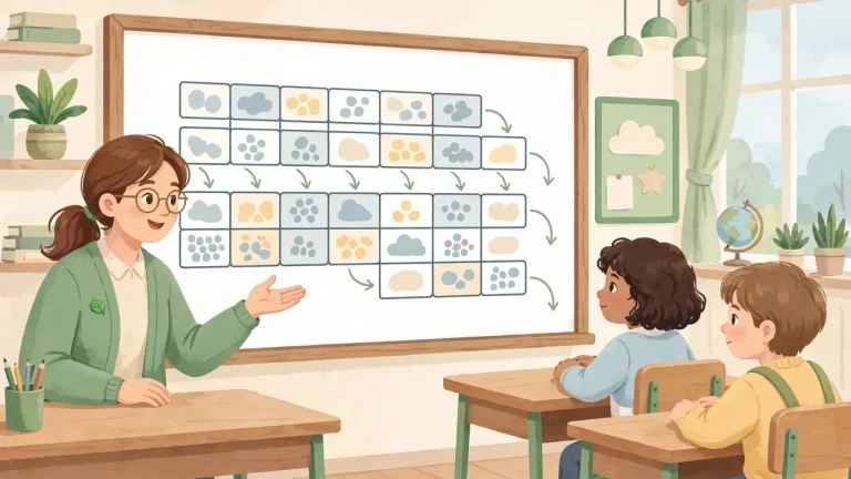 Profesora explicando la división larga paso a paso en la pizarra del aula