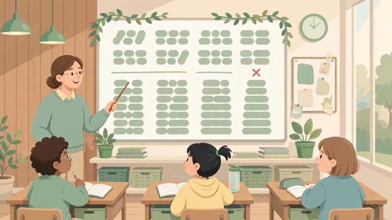 Ilustración de un aula donde la maestra señala en la pizarra una multiplicación por columnas con un error marcado en rojo mientras los alumnos observan desde sus pupitres.