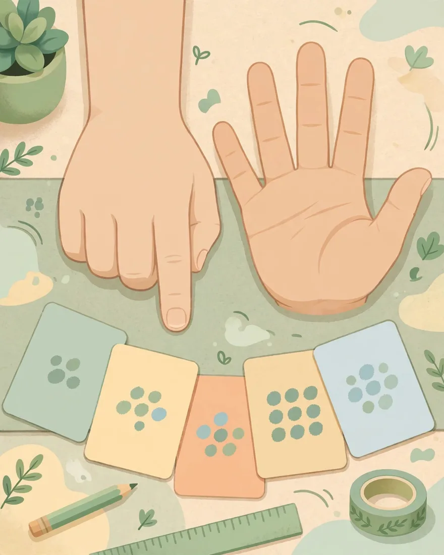 Primer plano de dos manos mostrando el truco de los dedos para la tabla del nueve sobre un escritorio con tarjetas de multiplicación.