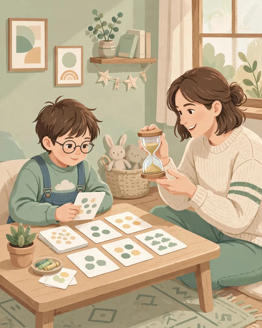 Ilustración de un niño practicando en casa con tarjetas de multiplicación mientras un adulto cronometra el juego con un pequeño reloj de arena.